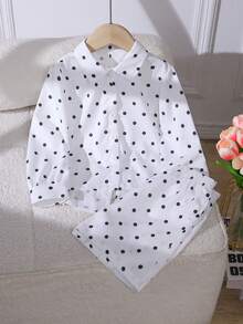 SHEIN Elladie kids 2件套女童拼接黑白波點不對稱領長袖條紋後背蝴蝶結裝飾上衣與黑白波點長褲，學院休閒風，適合四季穿著 - 白色 - 查看 7