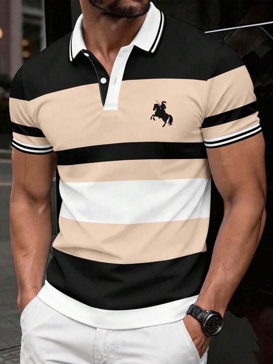 Manfinity Dauomo 夏季男士標準尺寸 Polo 衫,經典多色條紋印花圖案,杏色黑色白色騎士馬印花圖案,圖案設計,通勤商務風,休閒優雅風,戶外、辦公穿著、日常穿著 - 彩色 - 查看 1