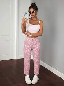 SHEIN PETITE Women's Fashion Versatile Leopard Print Button Pocket Denim Jeans - Pink - View 6