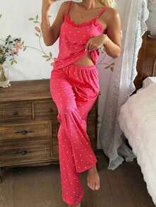 CottageSlumber Women's All-Season Knitted Ribbed Black Heart Print Sexy Camisole Pajama Set, Suitable For Outdoor Wear - Pink - View 4