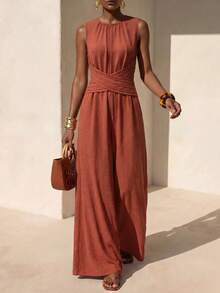 Zivah New Summer Hot-Selling Casual Commuter Vacation Linen Reddish-Brown Round Neck Sleeveless Cross Waist Belted Pleated Long Women Jumpsuit,Suitable For Everyday Wear, Going Out,Vacations, Travel, Beaches, Party, Airport Outfits, Brunch Outfits,Boho , Nomadic,Casual ,Shopping,Work Outfits For Women,Graduation Outifit,Country Concert Outfit,Back-To-School - Red - View 11