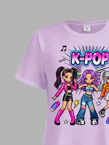 Vestido casual lindo minimalista de niña preadolescente, estilo K-Pop, color lila claro, con estampado de grupo de chicas de dibujos animados, manga corta, largo medio, para verano y escuela - Multicolor - Ver 4