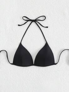 Swim Basics Summer Beach Solid Halter Triangle Bikini Top - Black - View 3