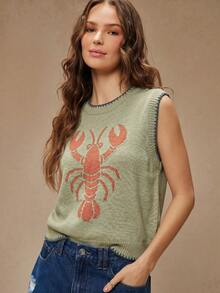 WESTFADE Rompi Sweater Leher Bulat dengan Jahitan Multi Motif Lobster Intarsia untuk Musim Panas, Liburan Musim Semi, Kembali ke Sekolah, Konser Musik Country, Festival, dan Santai. - Hijau - View 5