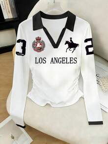 Resyla Black And White Color-Blocked Long-Sleeve Top With A Lapel, Los Angeles Print, Slim-Fit Ruched Polo - White - View 1