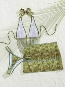 Swim SXY 女款性感復古紮染抓皺掛脖比基尼套裝，金色珠飾抽繩荷葉邊迷你裙罩衫，高衩丁字褲泳衣3件套，海灘度假泳裝 - 彩色 - 查看 2