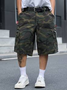 Manfinity EMRG 男士街頭風休閒多口袋工裝拉鍊迷彩牛仔短褲 - 軍綠色 - 查看 7