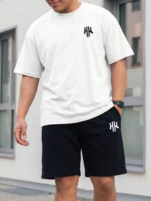 Manfinity EZcore Plus Size Men's Round Neck Short Sleeve T-Shirt And Casual Drawstring Waist Shorts Set - Multicolor - View 3