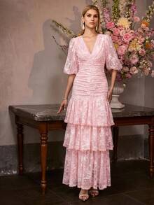 MOTF Soiréza SPRING/SUMMER WOMEN'S LACE TIERED DRESS, ROMANTIC LONG COCKTAIL GOWN - Multicolor - View 4