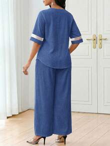 SHEIN Lady 女款對比蕾絲V領七分袖上衣與寬腿褲休閒兩件套 - 彩色 - 查看 2