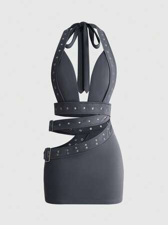 Grunge Punk Sommer Punk Street Metall Ösen Tiefes V Sexy Enges Mini Kleid