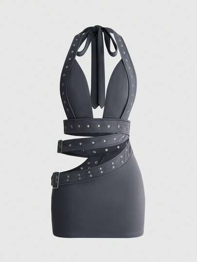 Grunge Punk Abito mini aderente sexy con scollo a V profondo, occhielli in metallo, stile punk estivo da strada