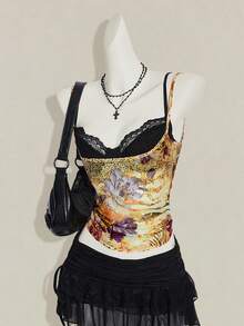 SHEIN ICON 女款豹紋透視細肩帶上衣搭配黑色蕾絲內衣 2件套 - 彩色 - 查看 5