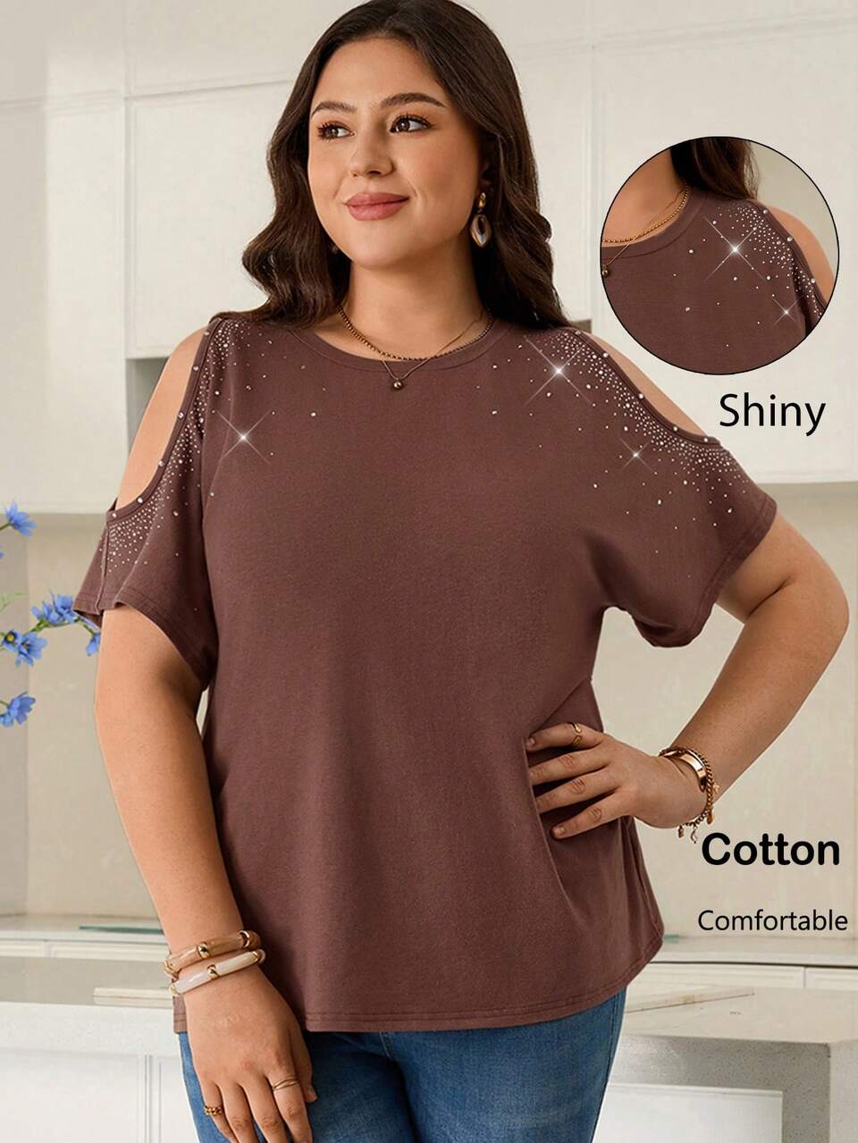 Plus Size Women's Summer Casual Vacation  Solid Brown Cutout Off-Shoulder Rhinestone Short Sleeve T-Shirt Top,Daily Wear,Going Out Outfits,