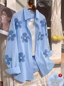 SHEIN 青少年女孩秋季新款藍色花卉印花寬鬆長袖襯衫 - 藍色 - 查看 2