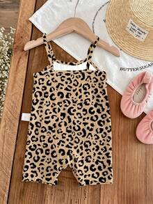 SHEIN LMoss Kids 復古美拉德卡其豹紋波點圖案，Chill Chill，嬰兒與女嬰圖案，女嬰休閒細肩帶連身褲，適合春夏季 - 彩色 - 查看 5