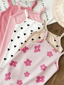 SHEIN LMoss Kids 新生兒花卉印花吊帶連身褲，適合夏季 - 彩色 - 查看 7