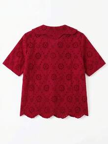 lacRébo 紅色刺繡鏤空上衣，大領口設計，對比色波浪邊縫線，法式復古風格，適合度假、上班、辦公場合的復古上衣 - 黃色 - 查看 8