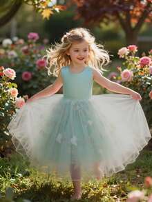 SHEIN Glamorique Kids Vestido de princesa para niñas, vestido de niña de flores para fiesta de cumpleaños, boda y vacaciones, tela de textura de satén, sin mangas, verde haba, falda de tul con dobladillo de flores 3D, lazo de amarre en la espalda, vestidos de graduación, vestidos de verano - Verde - Ver 5