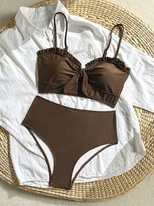 Swim Chiccia Women's Two Pieces Solid Color Slimming Adjustable Strap High-Waist Triangle Bikini Set Set, Elegant For Beach, Holiday, Party, Valentine's Day - Coffee Brown - View 6