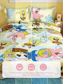 SpongeBob SquarePants | SHEIN 3件組海洋動物卡通印花被套組，磨砂材質，柔軟保暖，藍色被套，雙面圖案，多種尺寸，適用單人床/雙人床/加大床/特大床，禮物首選 - 彩色 - 查看 10