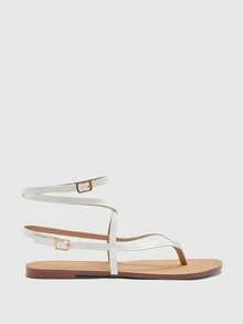 CUCCOO BIZCHIC Women's Square Toe Rhinestone Ankle Strap Sandals For Christmas Summer Shoes - White - View 3