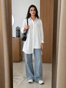 Solavon Women's Minimalist Versatile Solid Color Single-Breasted Asymmetrical Hem Long Sleeve Shirt - White - View 7