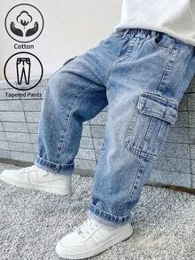Genkimix Kids Young Boys Casual Sports Cargo Style Denim Jeans 1pc Medium Blue Washed Denim Double Side Large Pockets Elastic Waist Straight Leg Tapered Loose - Light Wash - View 2