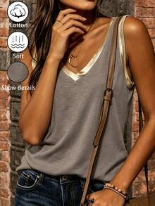 SHEIN 女款拼色V領休閒百搭背心 - 卡其色 - 查看 4