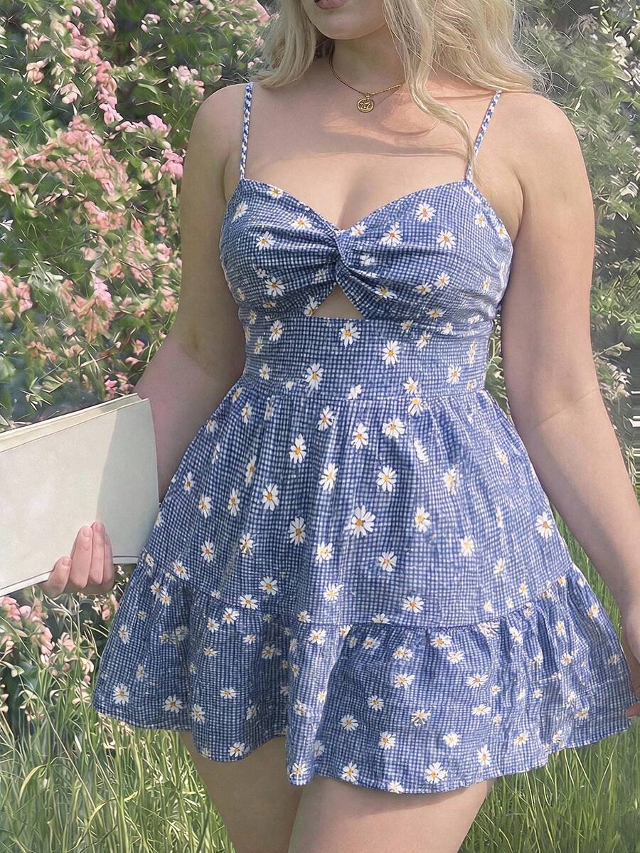 SHEIN MOD 大码女式蓝色格子雏菊印花扭结腰身连衣裙,适合婚礼季,无袖,夏季短款连衣裙 - 藍色 - 查看 1