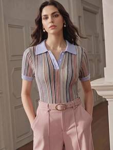 Anewsta Essential 女款夏季彩色條紋 Polo 領短袖上衣，可愛休閒設計 - 淡紫色 - 查看 3