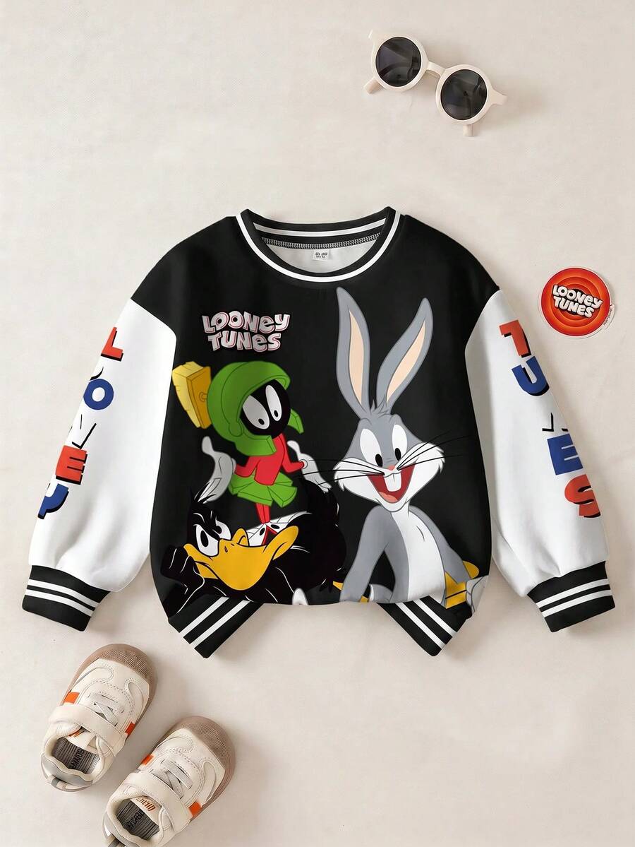 LOONEY TUNES X SHEIN 男嬰圓領字母卡通圖案拼色休閒日常長袖運動衫 - 白色 - 查看 1
