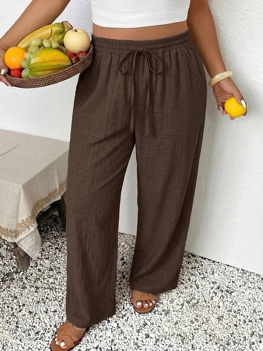 SHEIN Frenchy Casual Minimalist Brown Plus Size Pants Suitable For Summer Fall