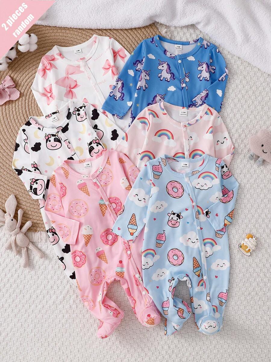 Random 1sets Newborn 0-12 Months Jumpsuit Forest Style Cute Ditsy Floral With Chain Craft Contrast Color Fresh Style Long Sleeve Footed Open Crotch - Multicolor - View 1