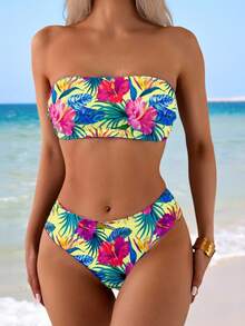 Swim Lushoire 女款 2 件式花卉印花抹胸比基尼泳衣套裝，度假海灘黃色夏季熱帶風 - 彩色 - 查看 3