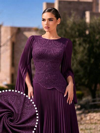 Modelyn Women's Elegant Soft Long Sleeve Pleated Beaded Embroidery Mesh Asymmetric High-End Pleated Evening Gown, Autumn/Winter High-End Outfit, Women's Long Dress