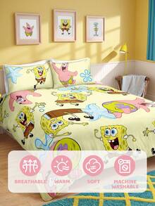 SpongeBob SquarePants | SHEIN 3件組海洋動物卡通印花被套組，磨砂材質，柔軟保暖，藍色被套，雙面圖案，多種尺寸，適用單人床/雙人床/加大床/特大床，禮物首選 - 彩色 - 查看 8