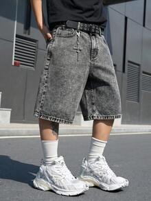 Manfinity EMRG 男士街頭風休閒刺繡灰色牛仔短褲 - 深灰色 - 查看 6