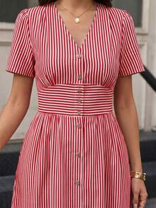 Editum Women's Red And White Striped V-Neck Short Petal Sleeve Single-Breasted Pocket Casual French Vintage Elegant Mid-Length Dress Vacation Summer Brunch - Red - View 8