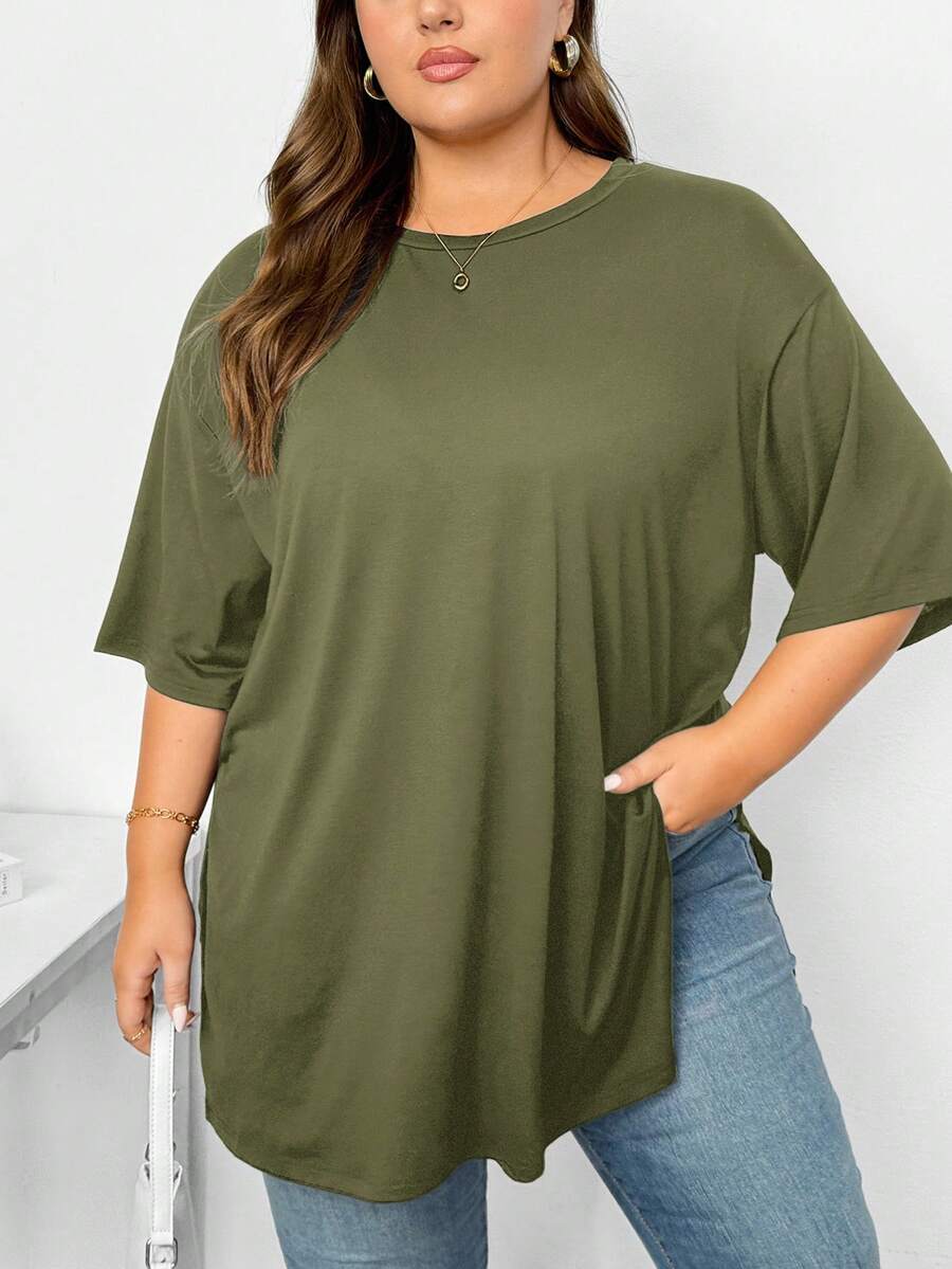 SHEIN CURVE+ Plus Size Women's Solid Color Round Neck Drop Shoulder Loose Casual T-Shirt Club Formal Army Green Summer - Army Green - View 1