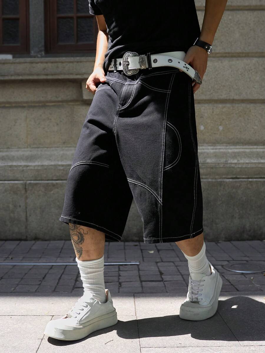 Manfinity EMRG Men's Loose Casual Denim Wide Leg Shorts With Pockets - Black - View 1