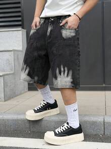 GALLERY FADE Denim Button Zipper Pocket Finger Pattern Shorts - Black - View 8