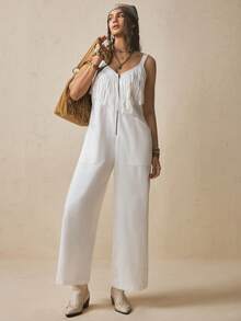 Levarali Women's Sleeveless Long Jumpsuit, Solid White With Tassels, Front Zipper, Straight Wide Leg Pants, Spring/Summer Elegant Cowboy Western Casual Boho - White - View 6