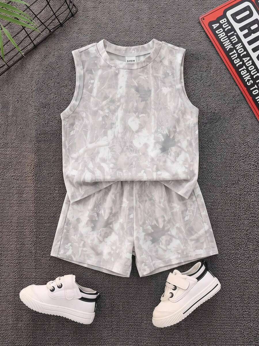 SHEIN Babyboy Street Style Versatile Printed Pattern Loose Tank Top & Elastic Waist Shorts Set - Multicolor - View 1