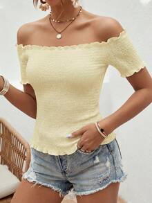 SHEIN VCAY Camiseta de mujer para vacaciones de unicolor con volantes, hombros descubiertos y manga corta - Albaricoque - Ver 6