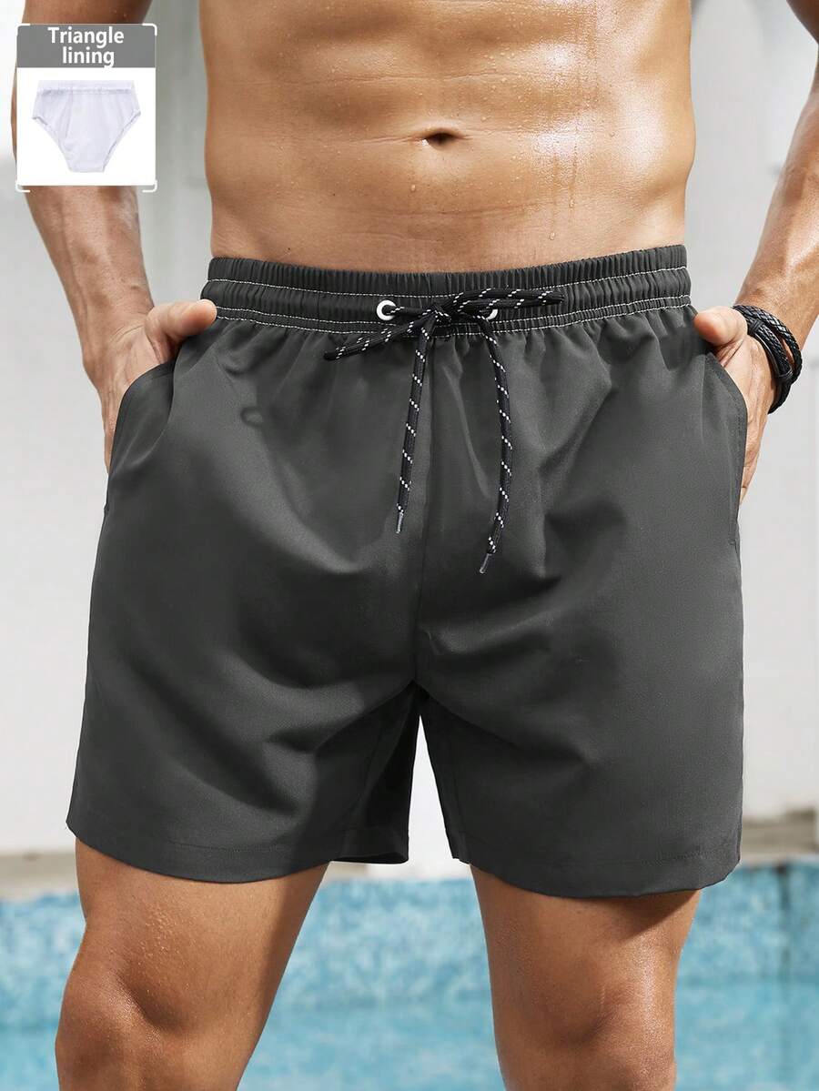 Manfinity KASUA Men's Plus Size Solid Color Drawstring Waist Beach Shorts, Casual Vacation - Dark Grey - View 1