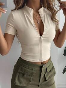 DAZY Women's Solid Color Minimalist Casual Zip-Up Short Sleeve T-Shirt - Apricot - View 6
