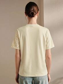 Anewsta T-shirt femme nouveau printemps/été élégant de vacances col rond brodé fleur de lotus manches courtes pull-over - Jaune clair - Voir 3