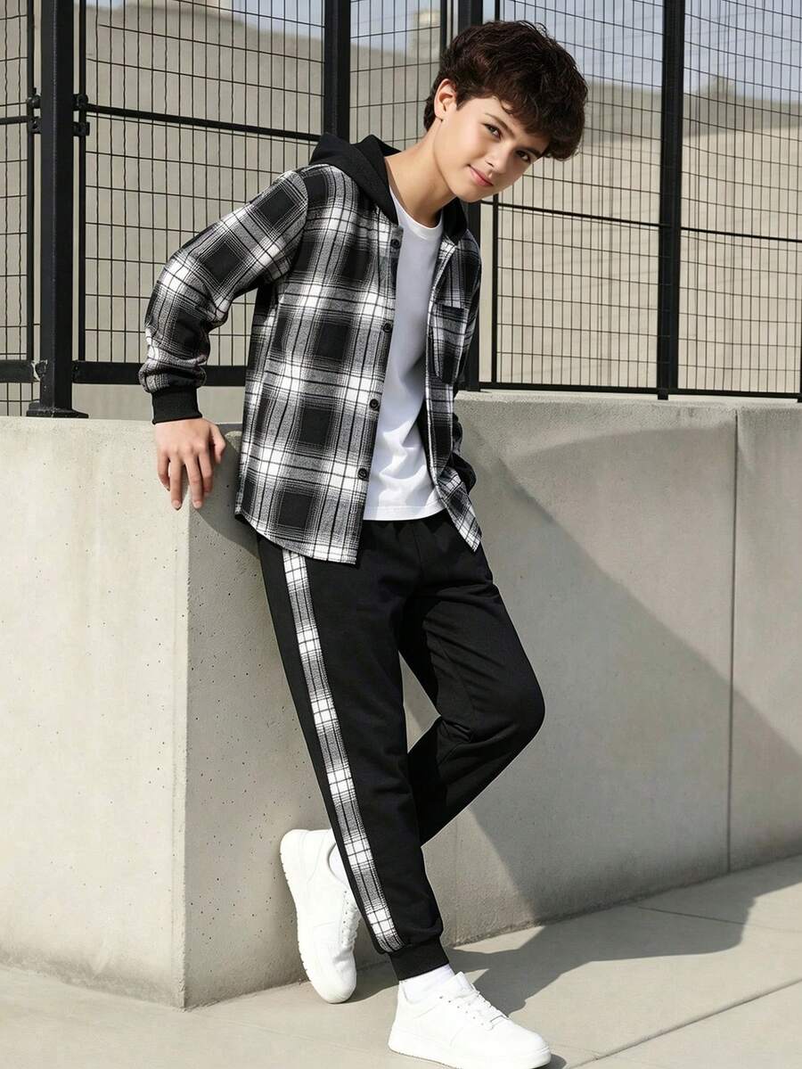 SHEIN Vacaura Tween Boy 1pc Plaid Print Button Front Hooded Shirt & 1pc Sweatpants - Black and White - View 1