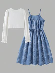 SHEIN 2件組 青少年女孩 春/秋季休閒針織羅紋蝴蝶結裝飾開襟上衣與印花細肩帶簡約洋裝 度假風套裝 - 彩色 - 查看 2